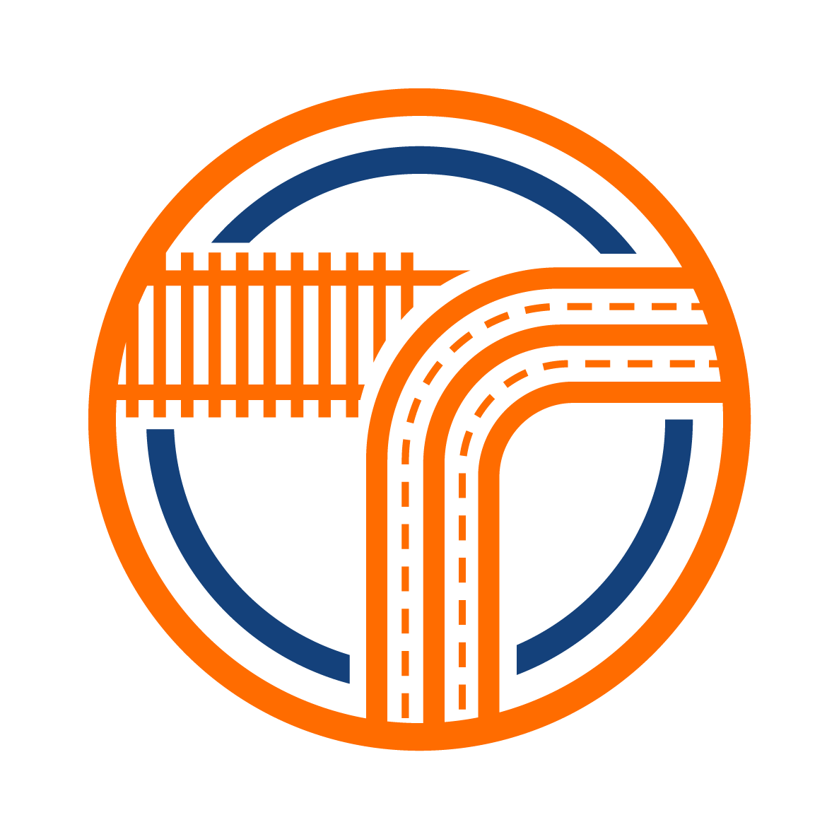 An abstract illustration with an orange circular border evokes the energy of transportation recruiters. Inside, a blue semi-circle intersects with white and orange striped paths resembling roads. The left path transitions into a blue, ladder-like shape.