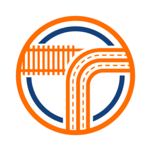 Icon of an orange train track crossing over a blue road with dashed lines, enclosed within an orange circle.